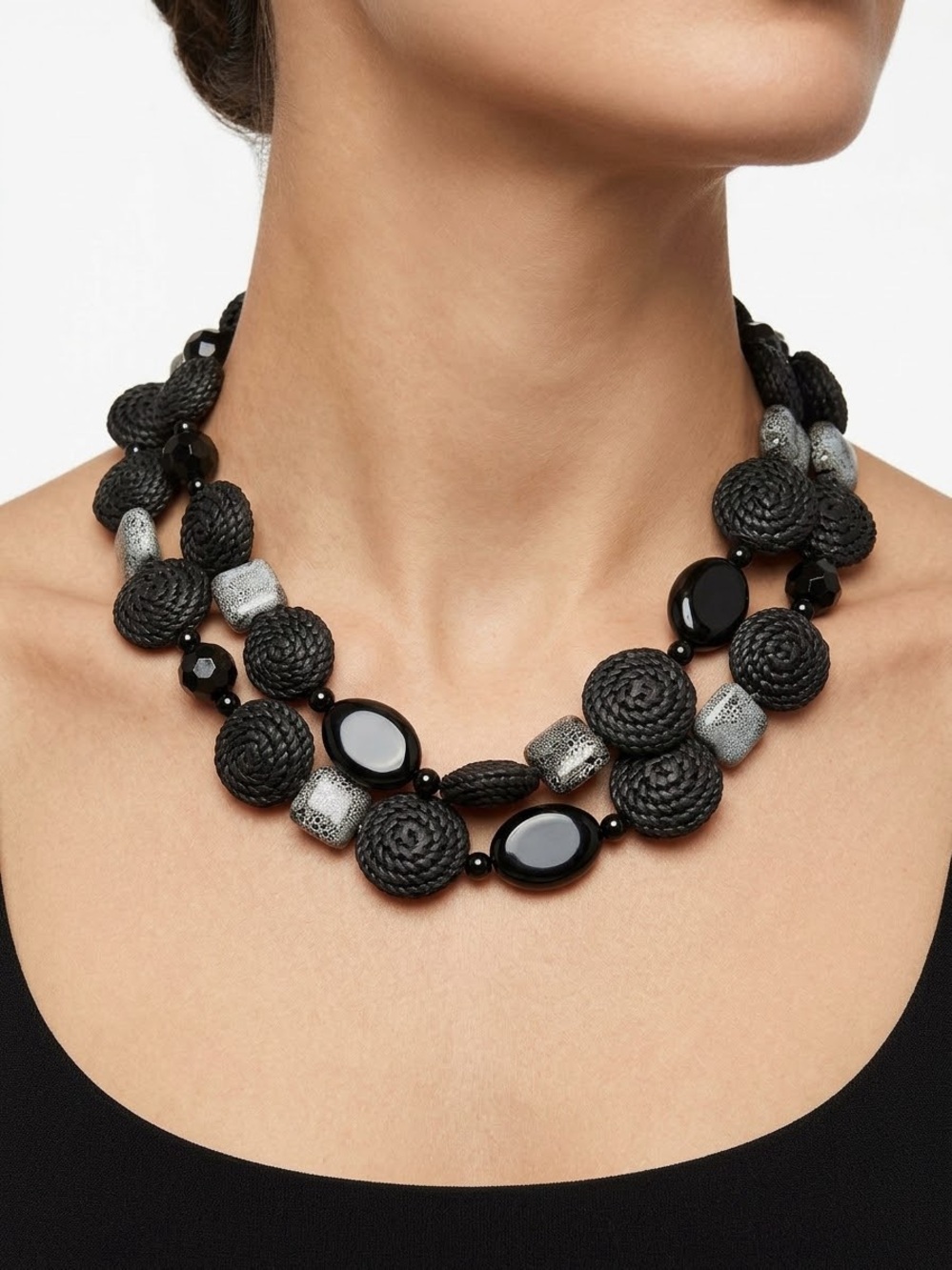Elegant Black & Silver Layered Statement Necklace